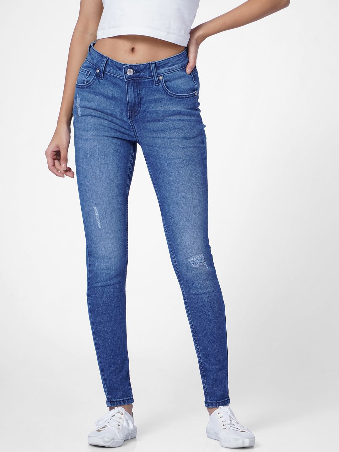 Blue Mid Rise Distressed Skinny Jeans
