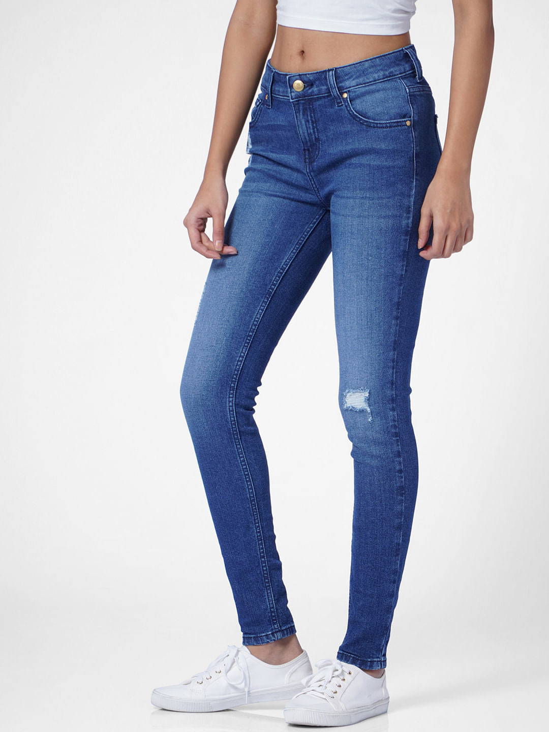 Blue Mid Rise Distressed Skinny Jeans