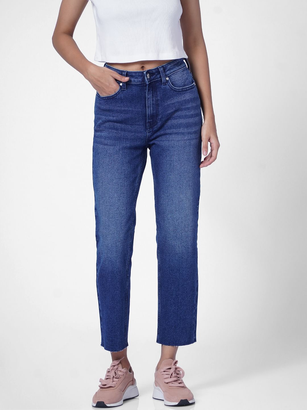 Light Blue Mid Rise Raw-Edge Straight Fit Jeans
