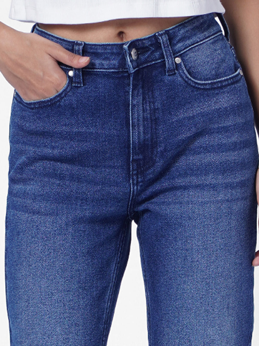 Light Blue Mid Rise Raw-Edge Straight Fit Jeans