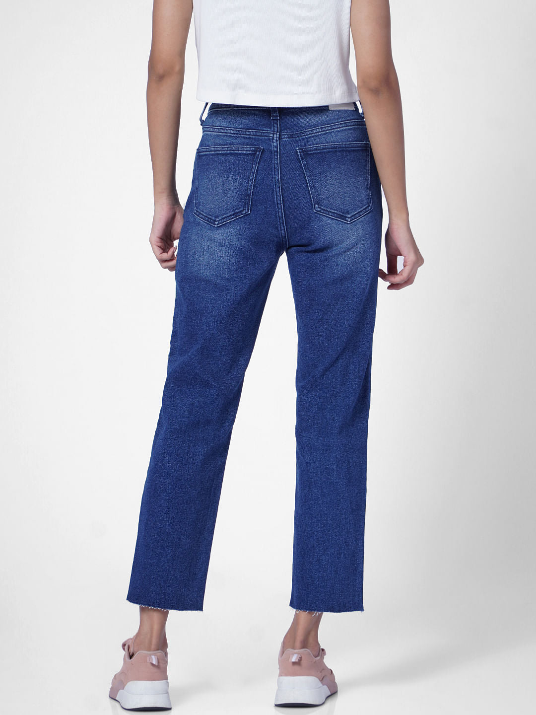 Light Blue Mid Rise Raw-Edge Straight Fit Jeans