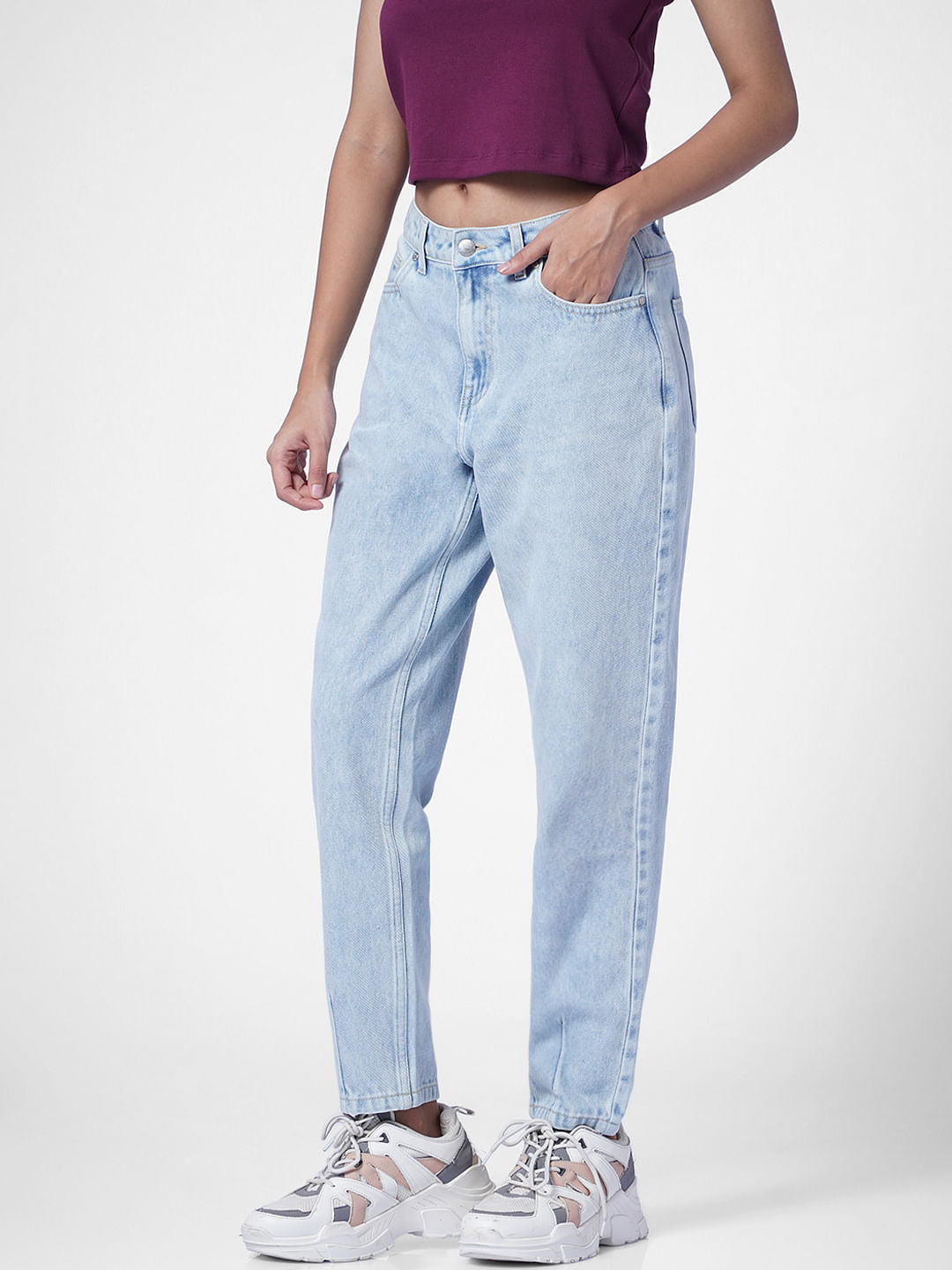 Blue High Rise Washed Mom Jeans