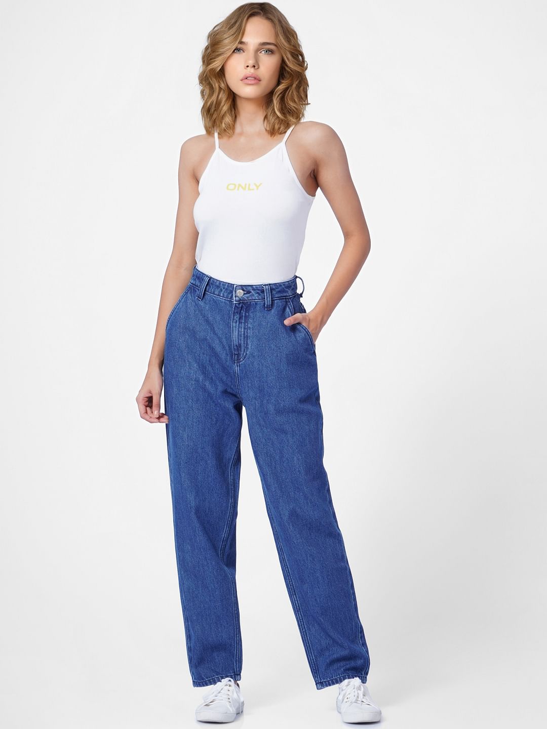 Dark Blue High Rise Boyfriend Jeans