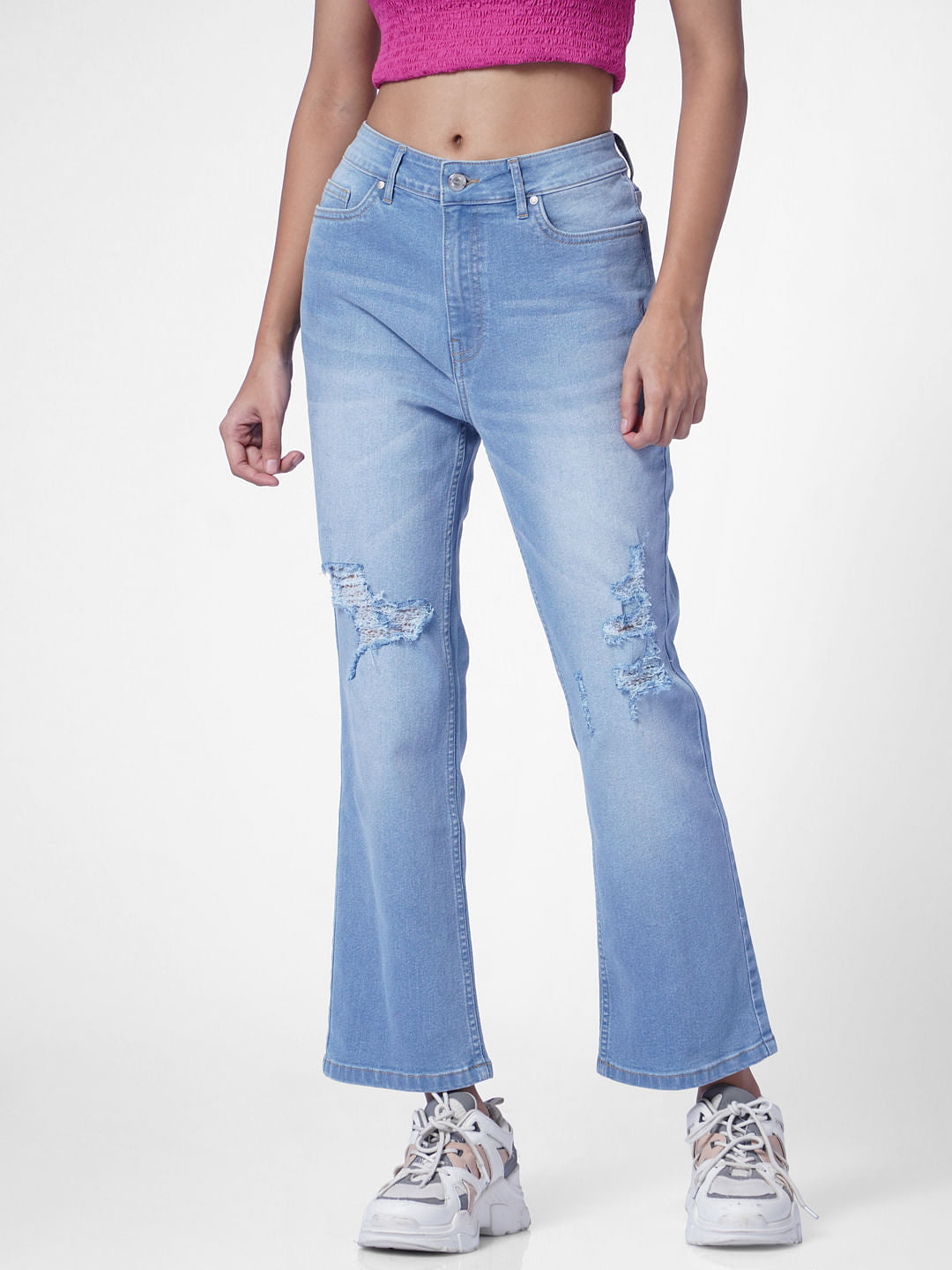 Blue High Rise Distressed Flared Jeans