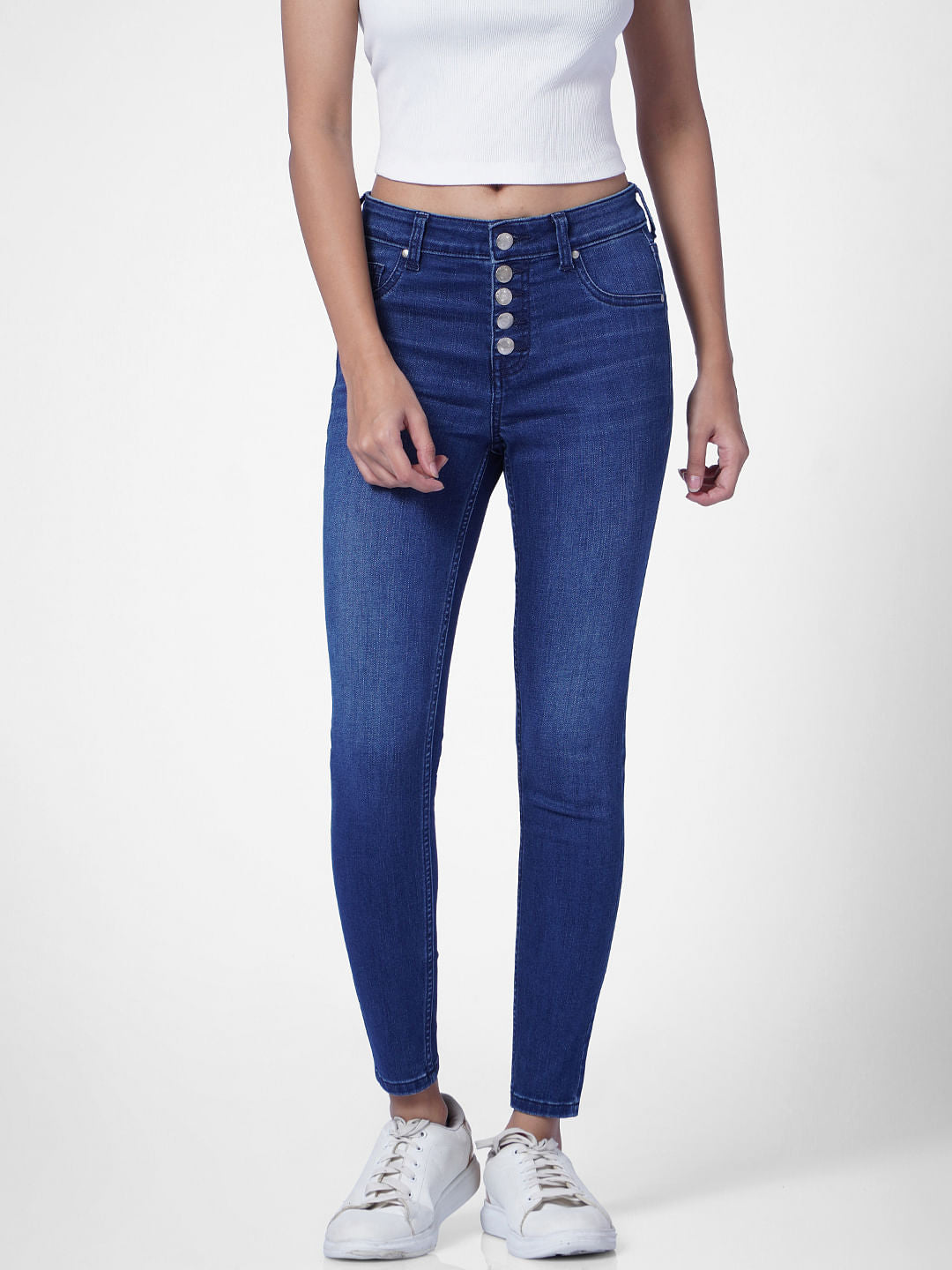 Blue High Rise Button Front Skinny Jeans