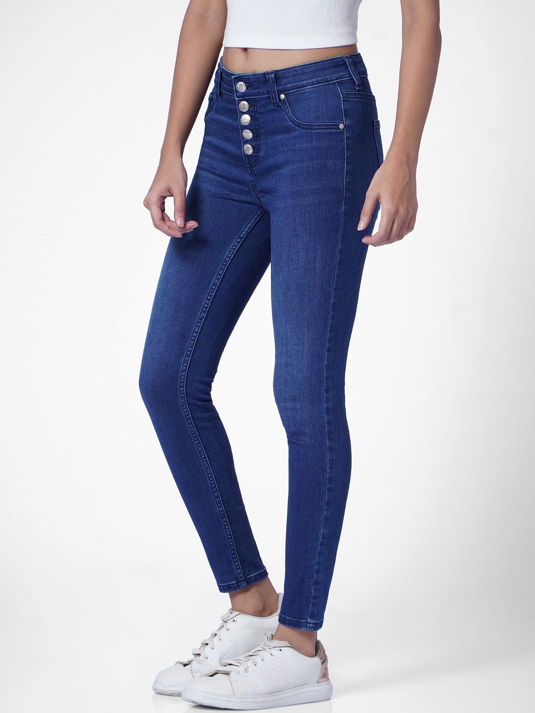 Blue High Rise Button Front Skinny Jeans