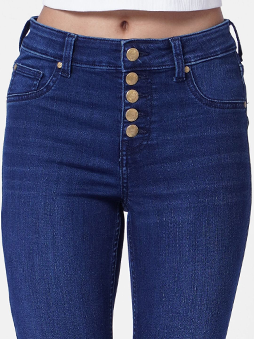 Dark Blue High Rise Button Front Skinny Jeans