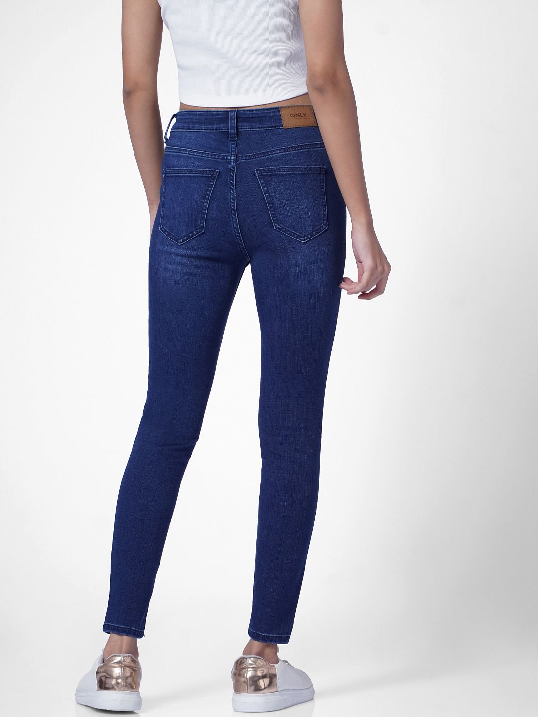 Dark Blue High Rise Button Front Skinny Jeans