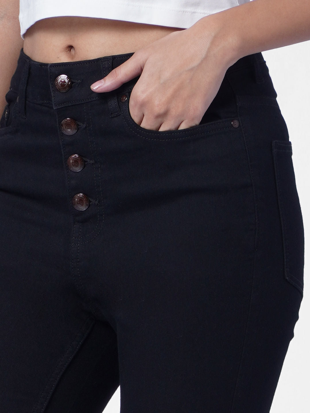 Black High Rise Button Detail Skinny Jeans