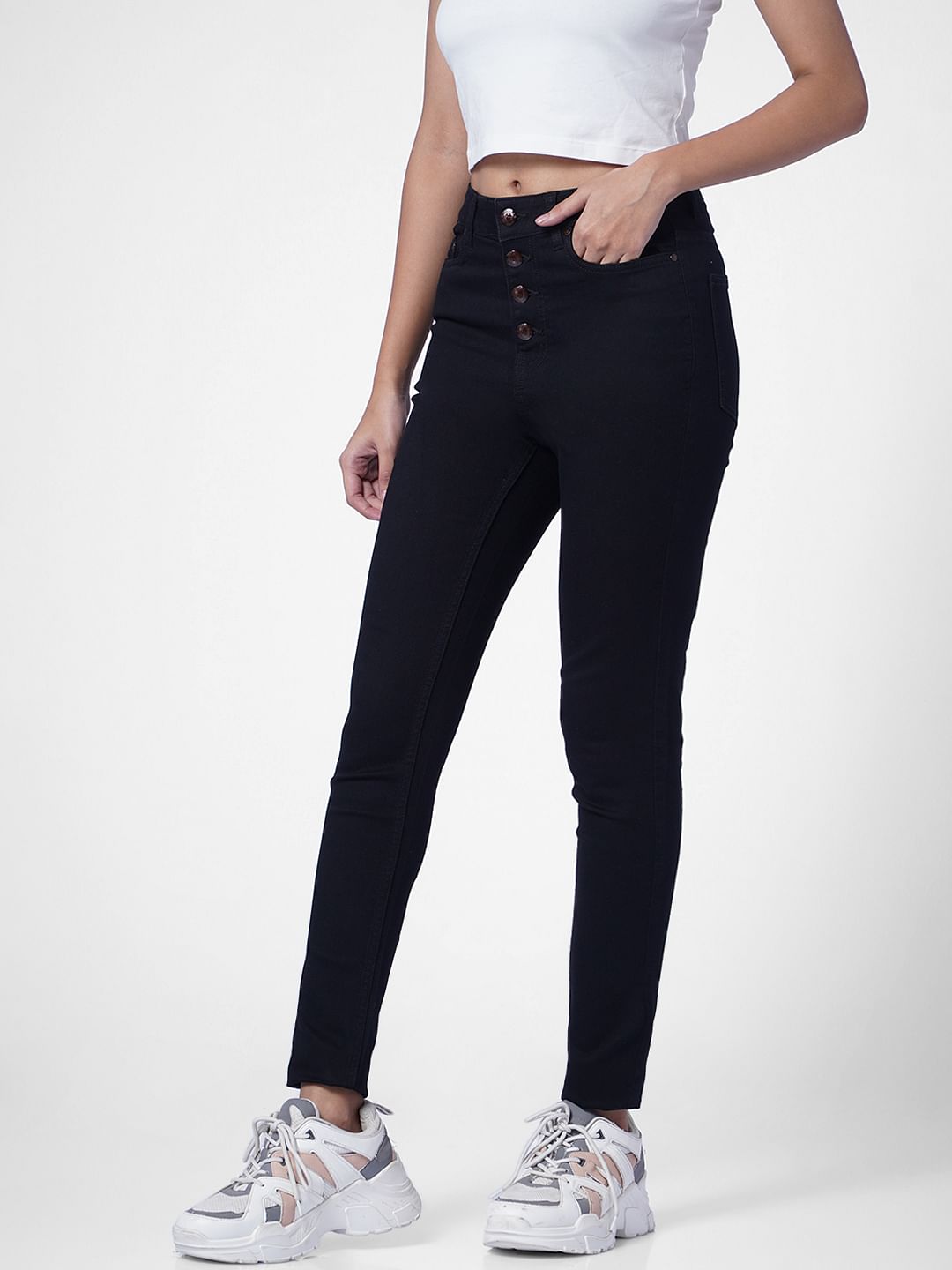 Black High Rise Button Detail Skinny Jeans