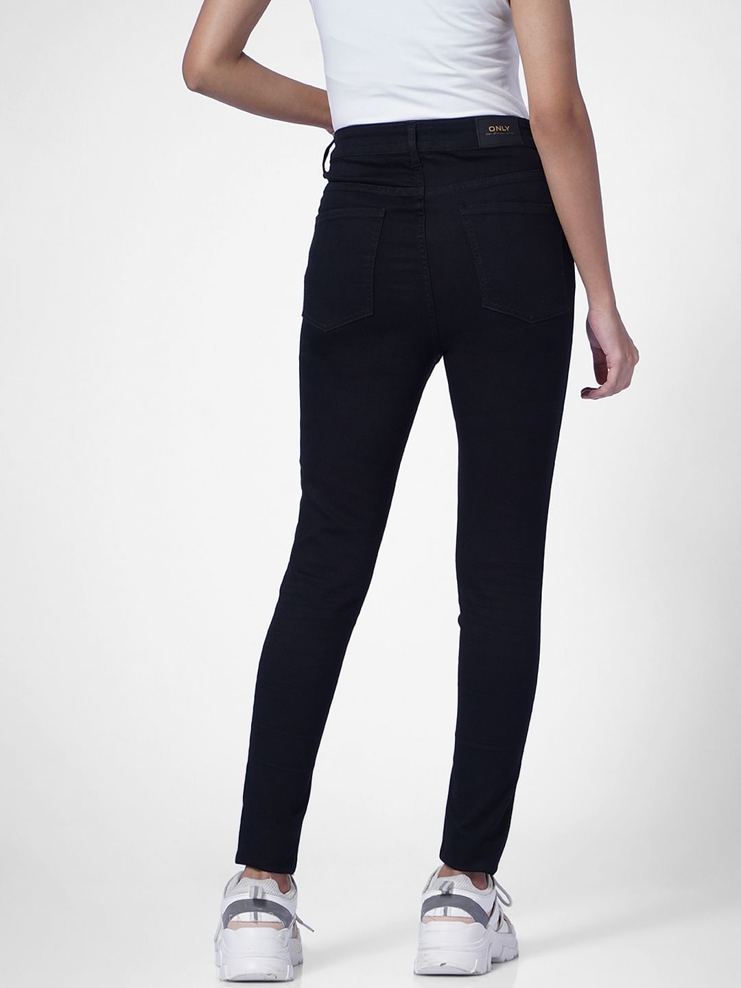 Black High Rise Button Detail Skinny Jeans