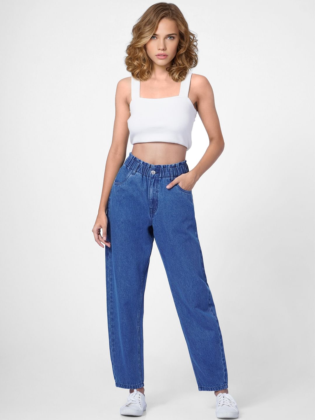 Light Blue High Rise Paperbag Waist Carrot Jeans