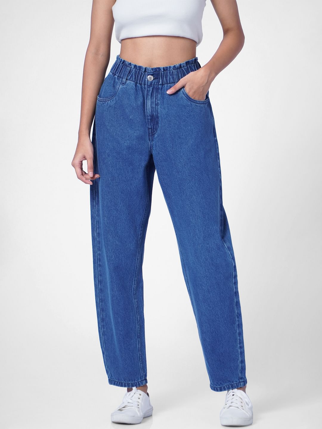 Light Blue High Rise Paperbag Waist Carrot Jeans