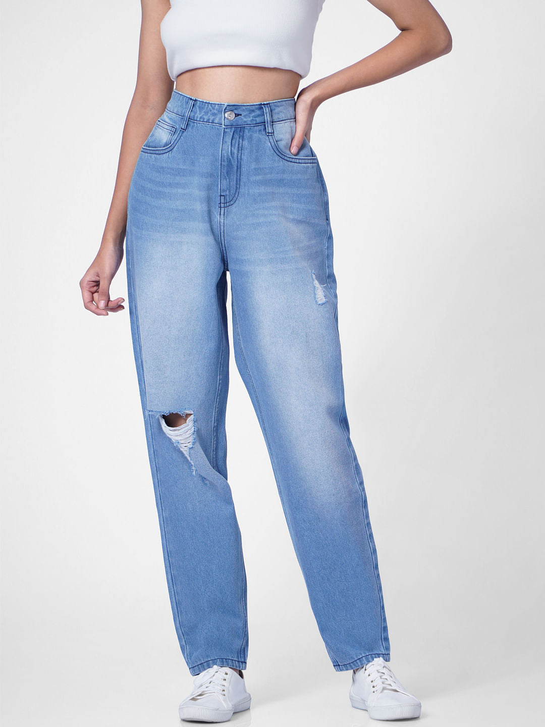 Light Blue High Rise Distressed Boyfriend Jeans