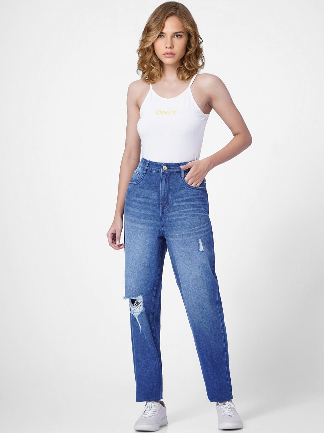 Blue High Rise Distressed Boyfriend Jeans