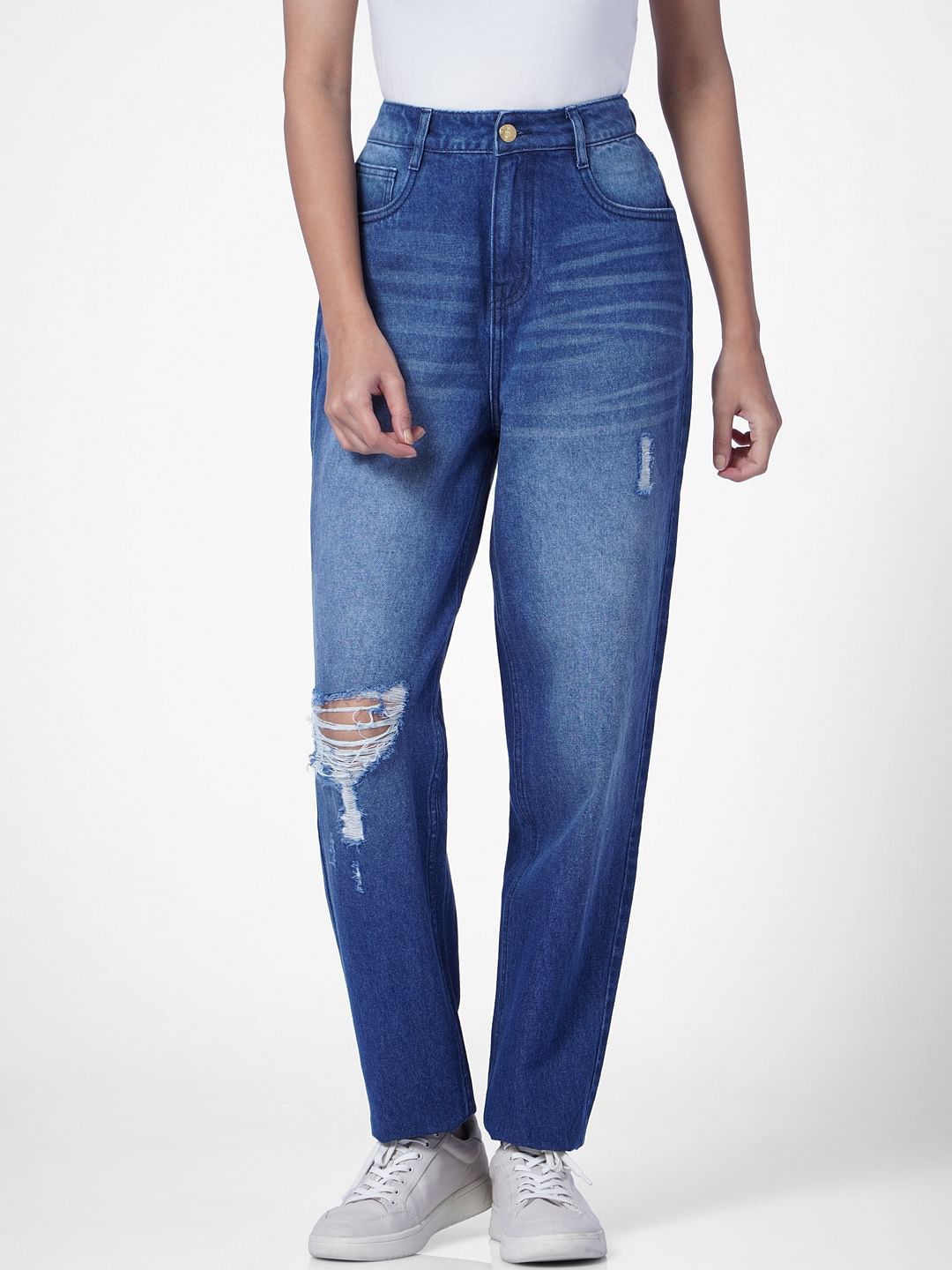 Blue High Rise Distressed Boyfriend Jeans