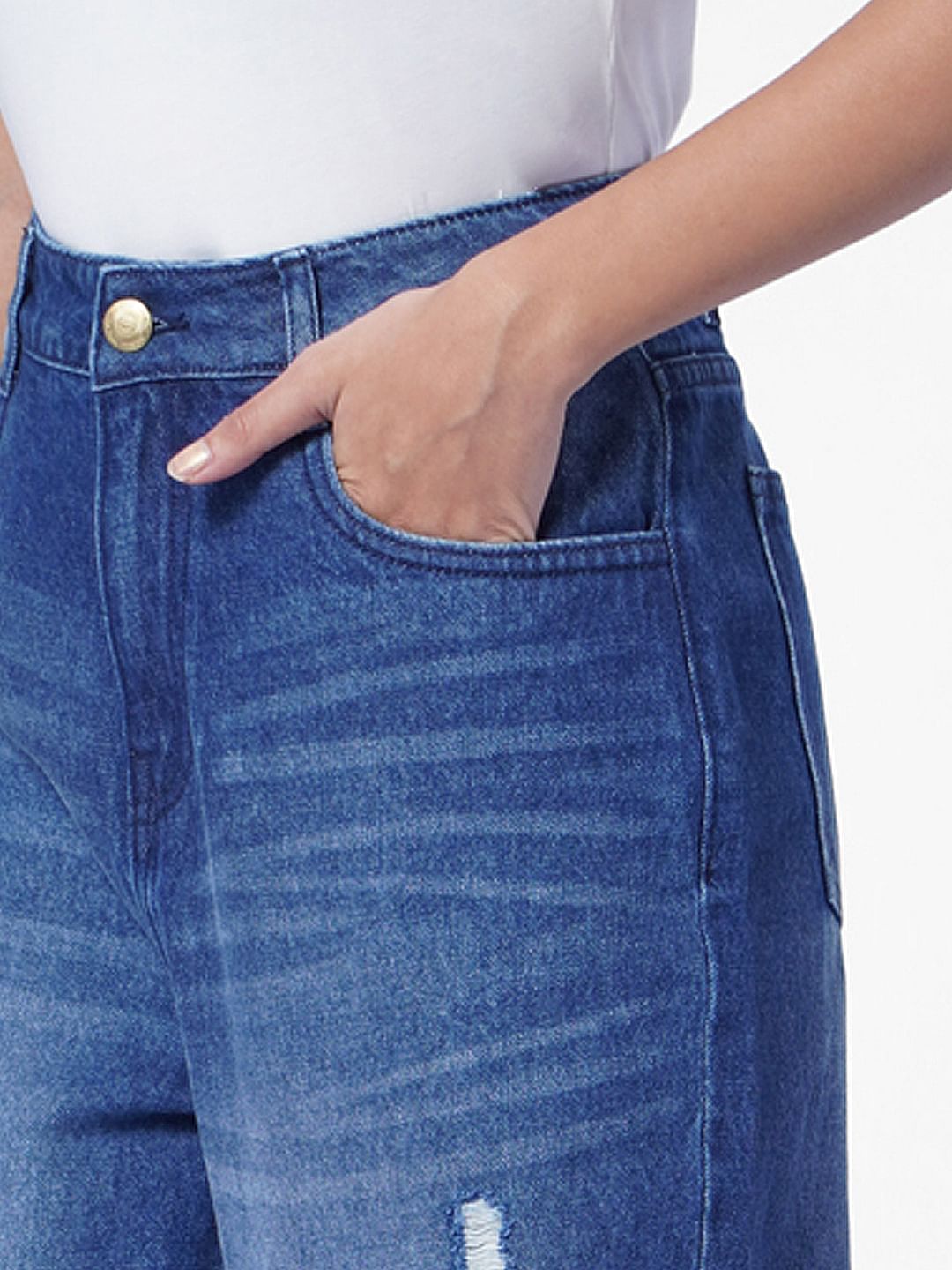 Blue High Rise Distressed Boyfriend Jeans