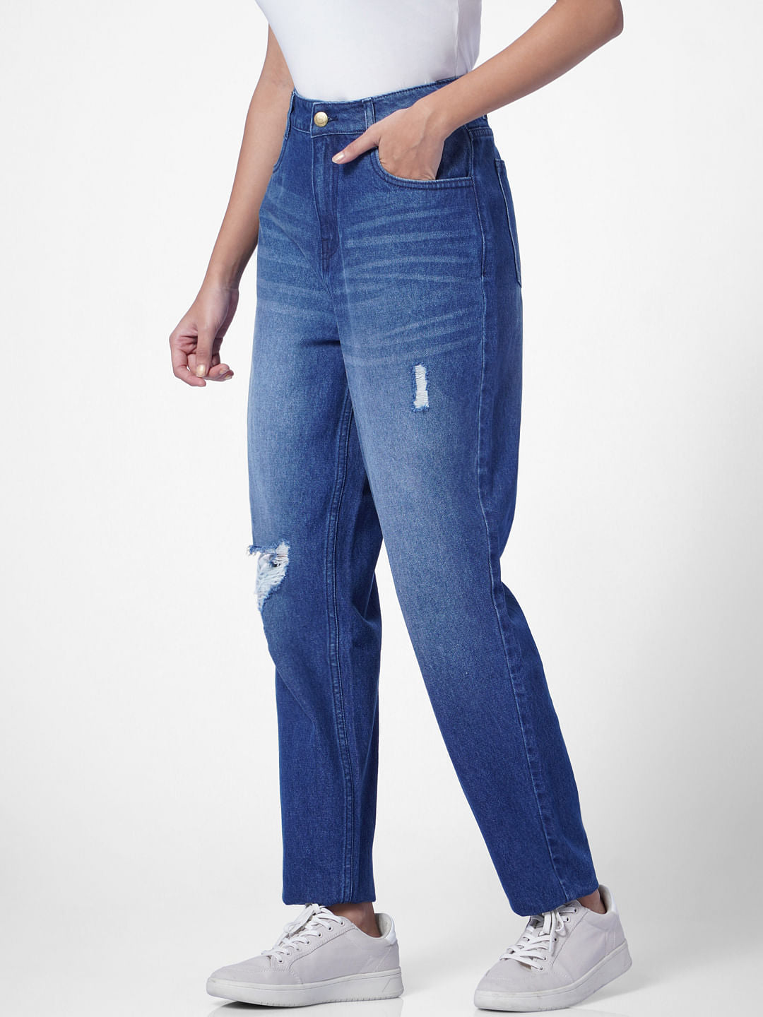 Blue High Rise Distressed Boyfriend Jeans