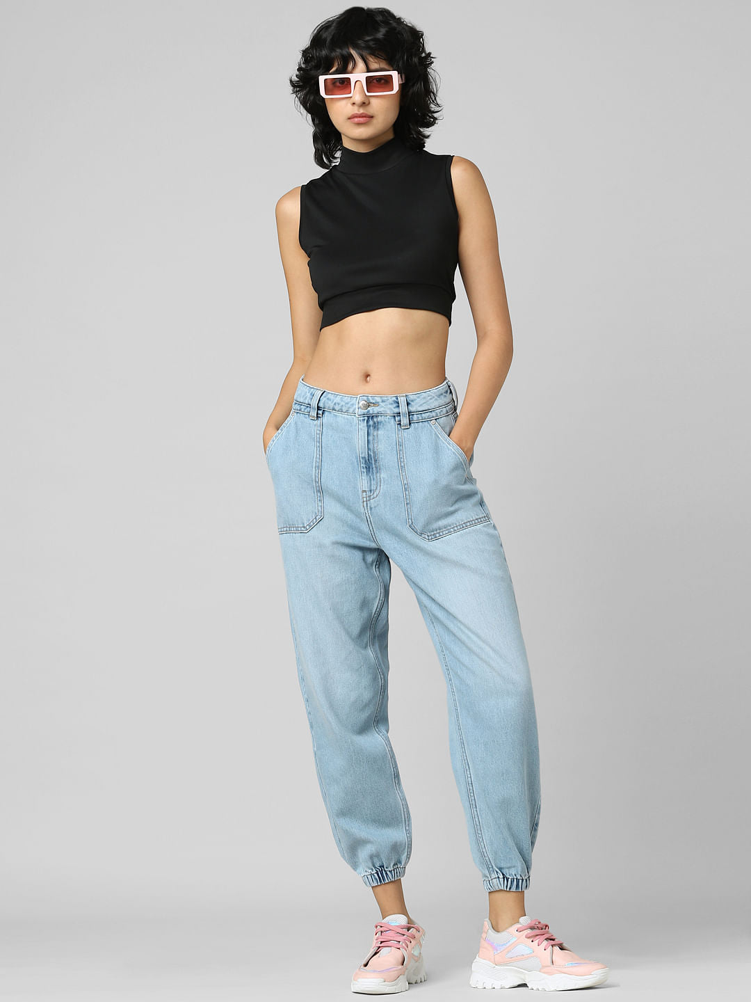 Light Blue Mid Rise Denim Joggers