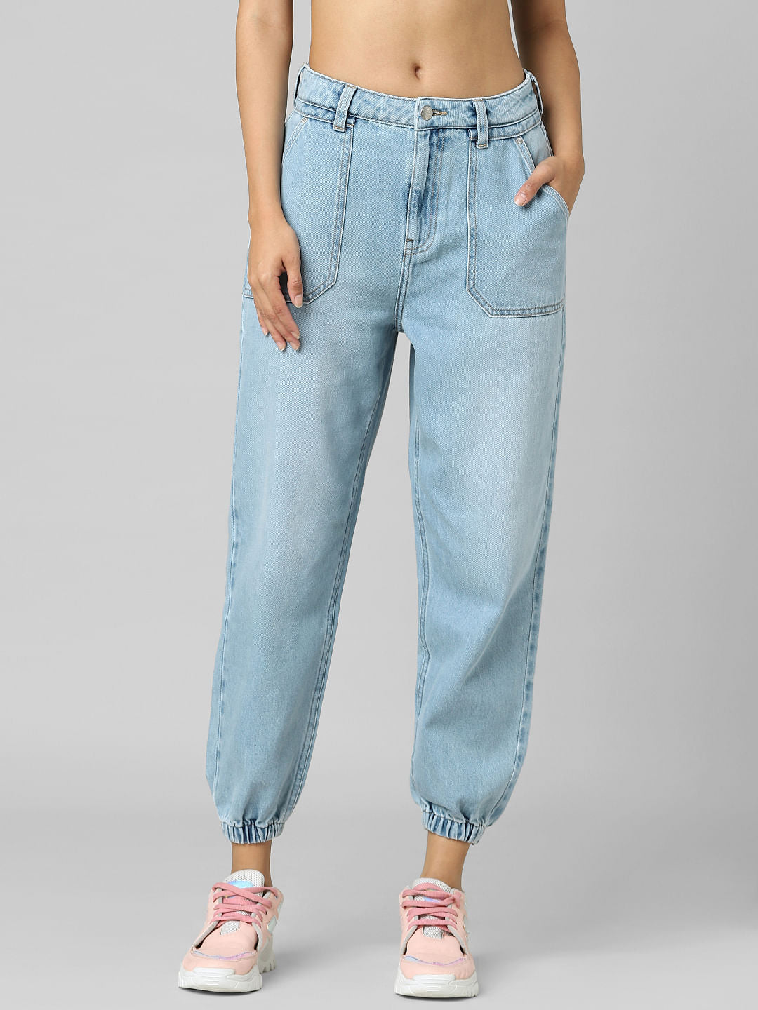 Light Blue Mid Rise Denim Joggers