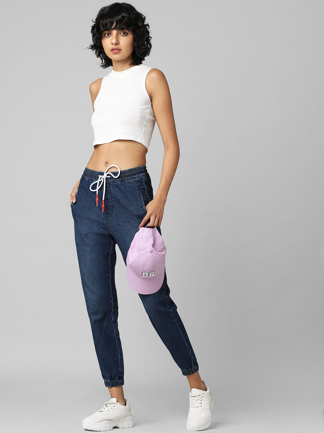 Dark Blue Mid Rise Denim Joggers