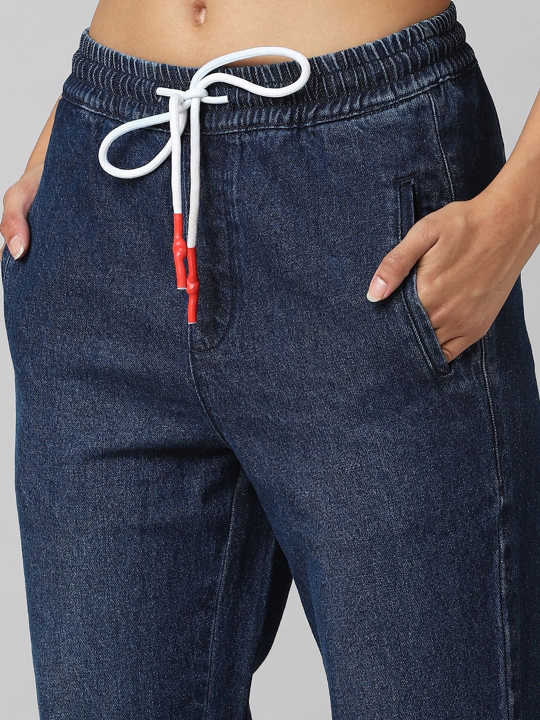 Dark Blue Mid Rise Denim Joggers