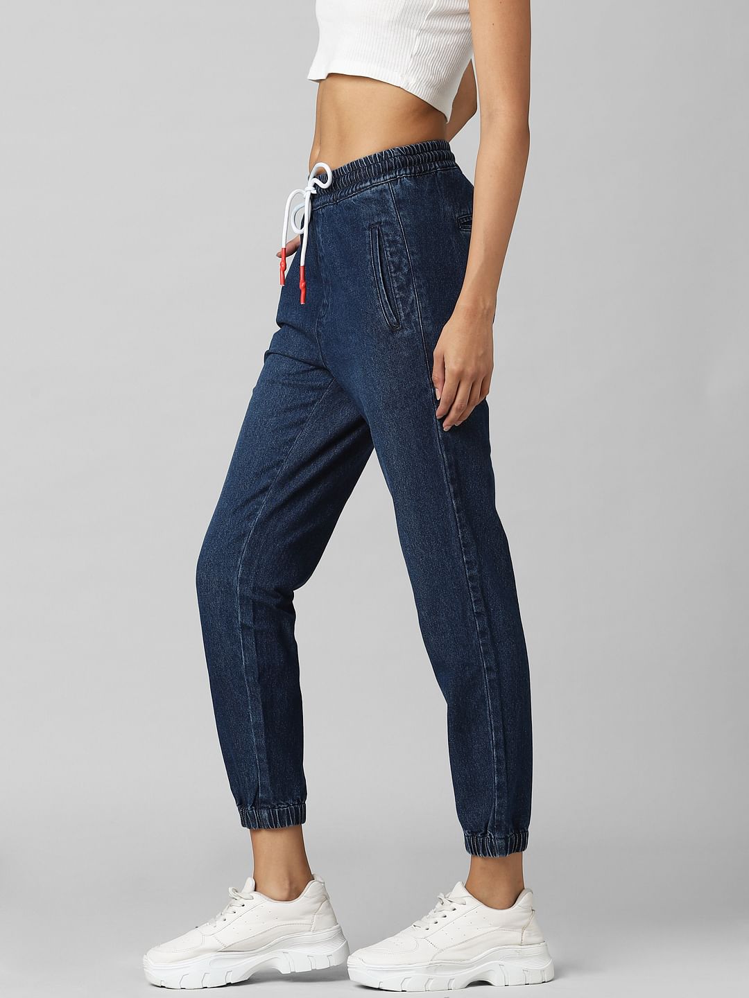 Dark Blue Mid Rise Denim Joggers