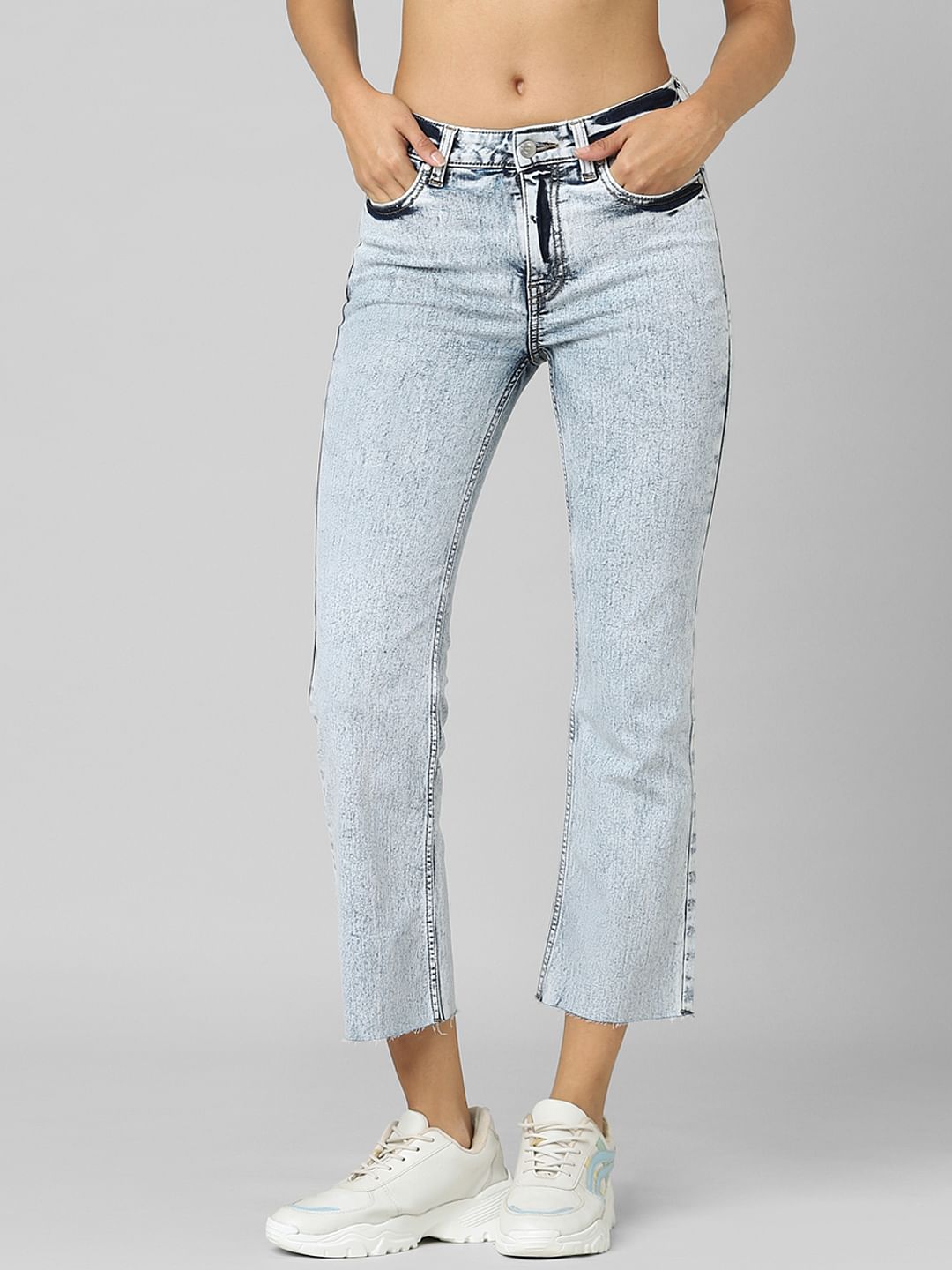 Blue Mid Rise Flared Cropped Jeans