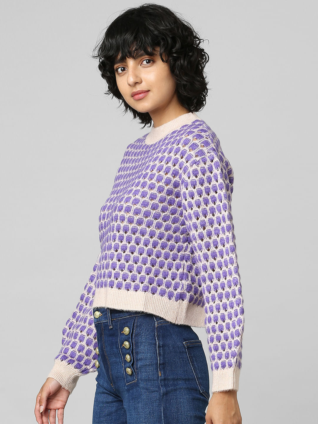 Purple Printed Structure Knit Pullover