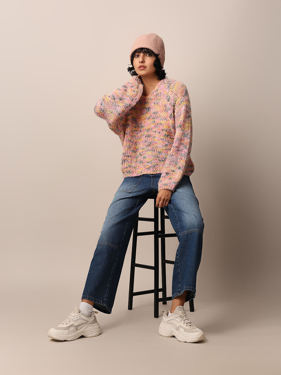 Multi-Colour Rib-Knit Oversized Pullover