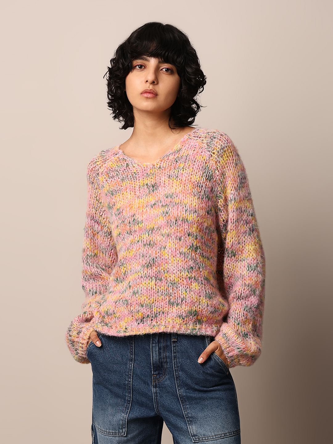 Multi-Colour Rib-Knit Oversized Pullover