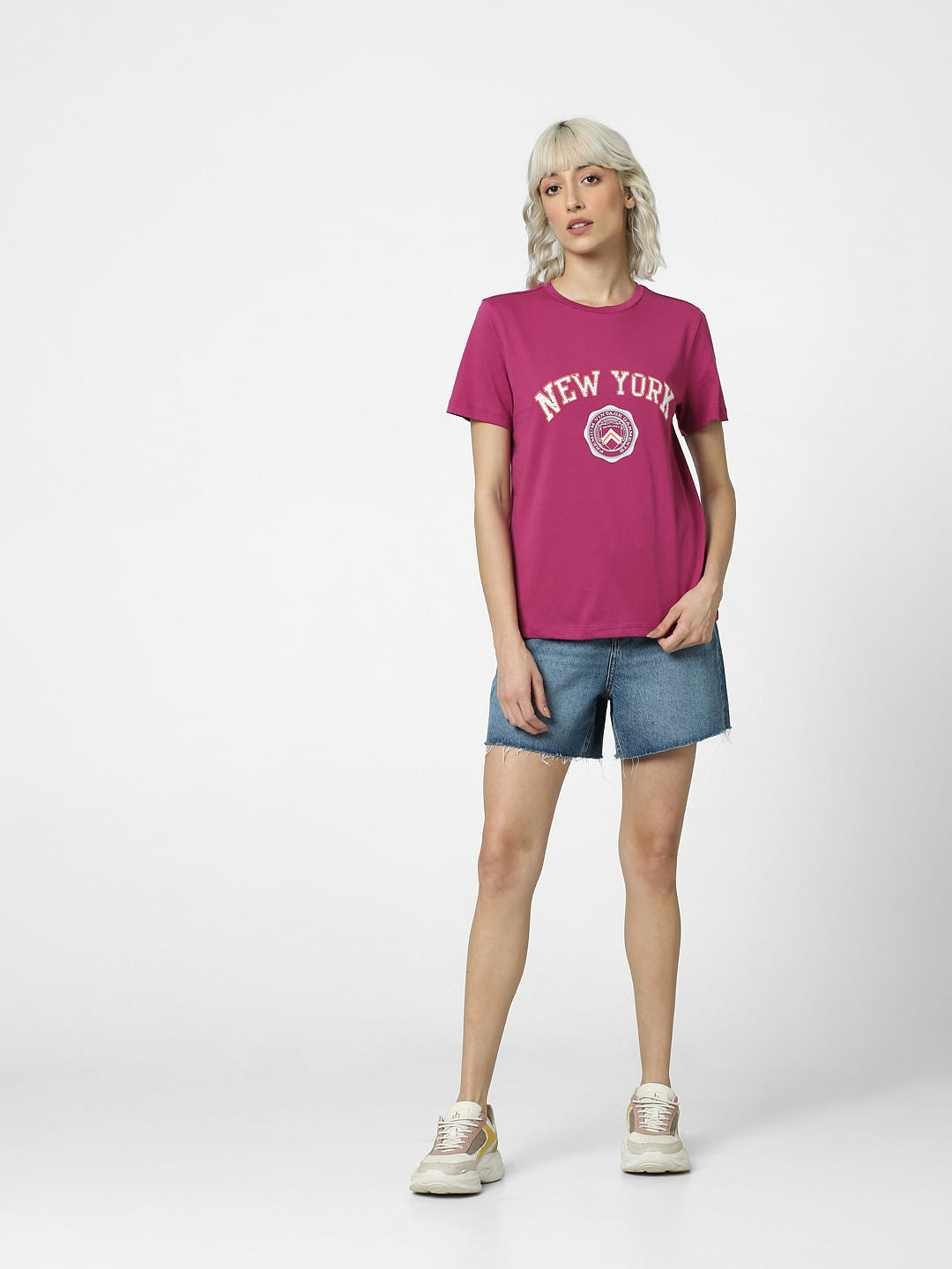 Dark Pink Text Print T-Shirt