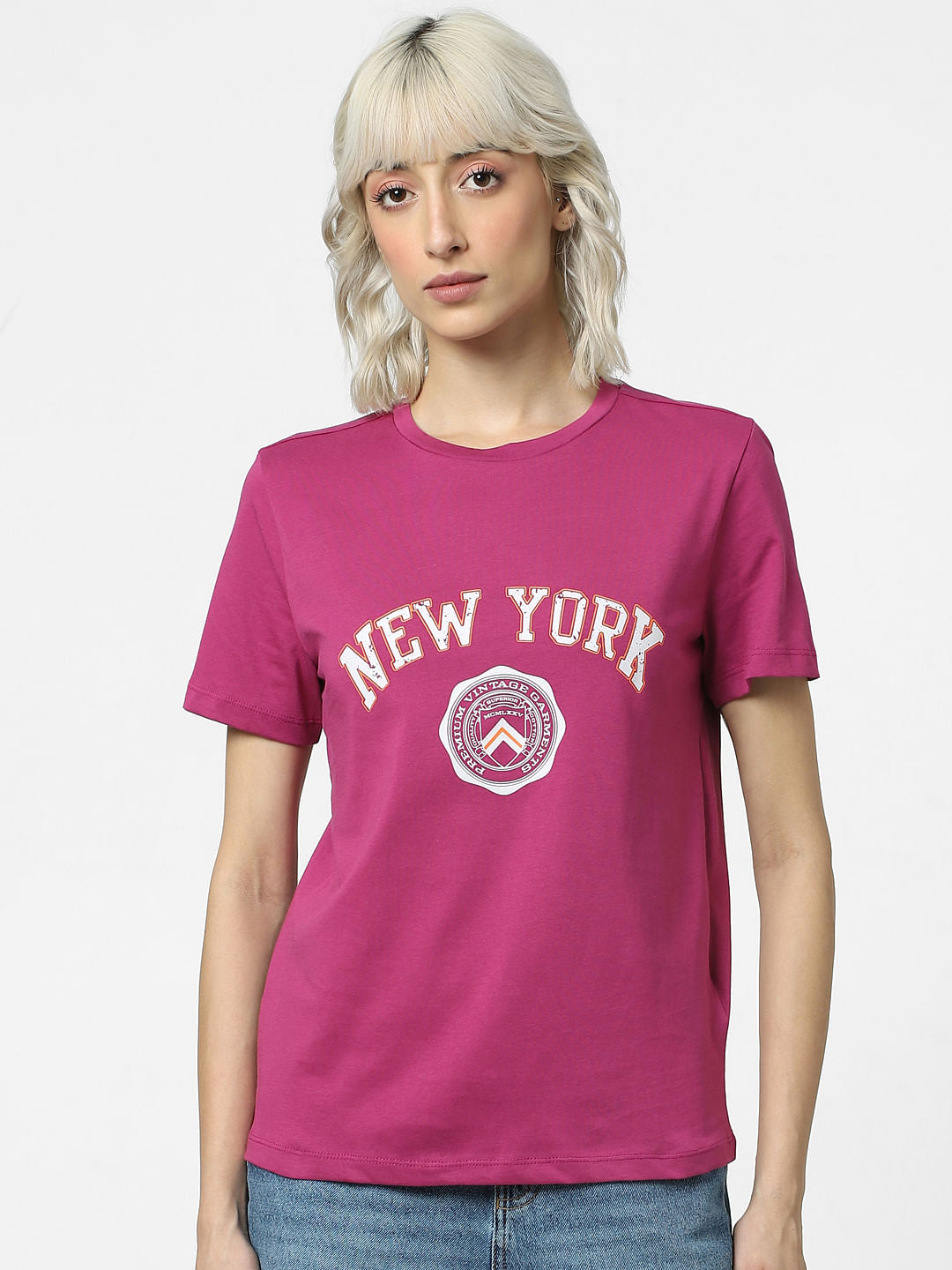 Dark Pink Text Print T-Shirt