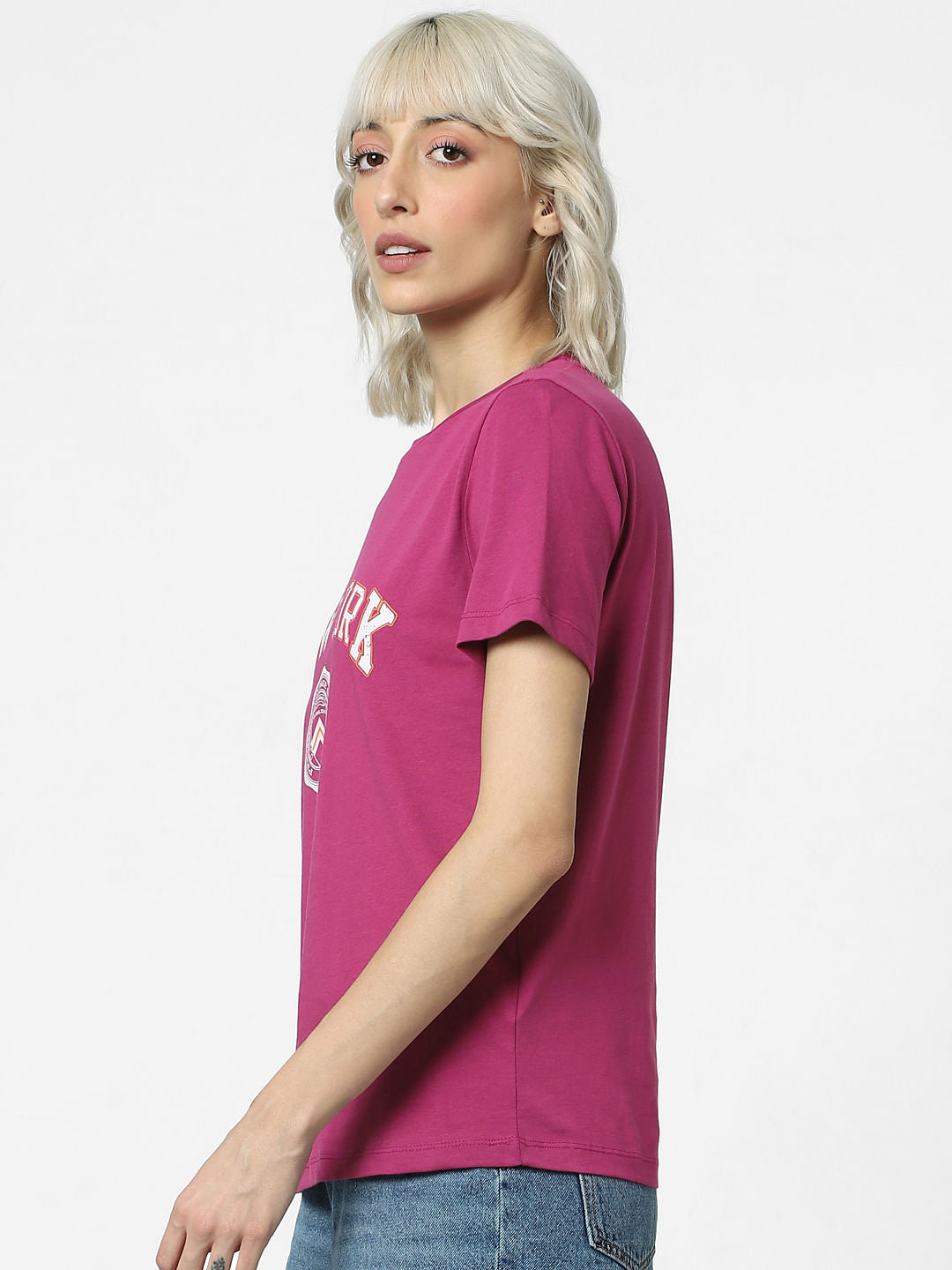 Dark Pink Text Print T-Shirt
