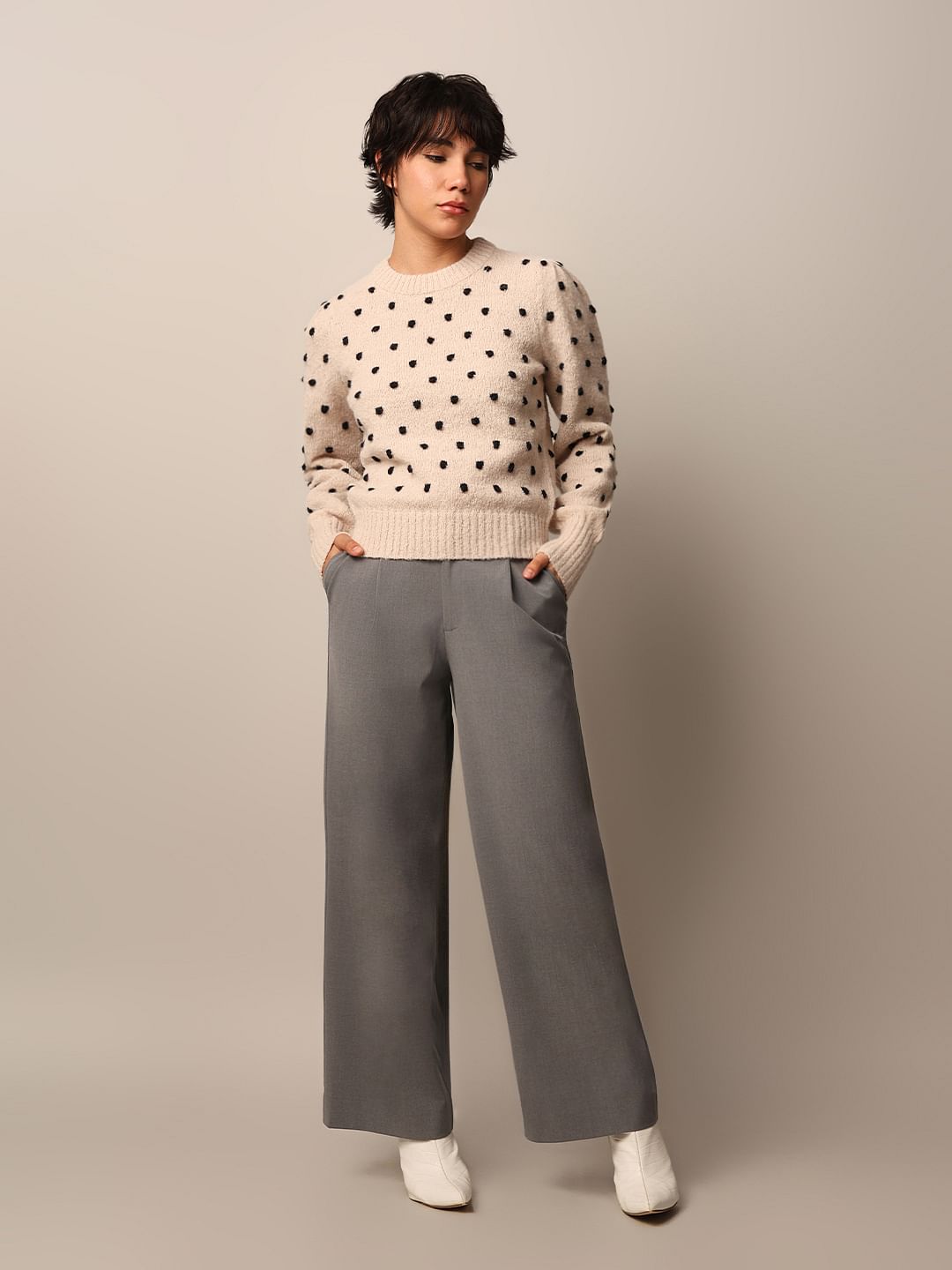 Beige Jacquard Knit Pullover