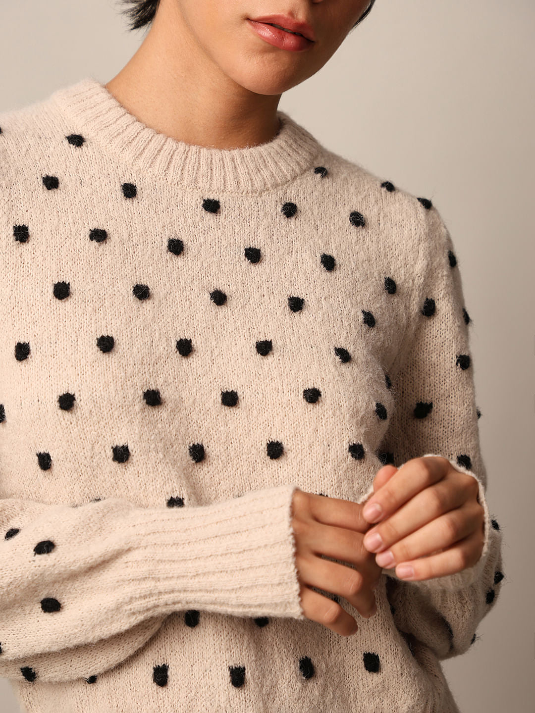 Beige Jacquard Knit Pullover