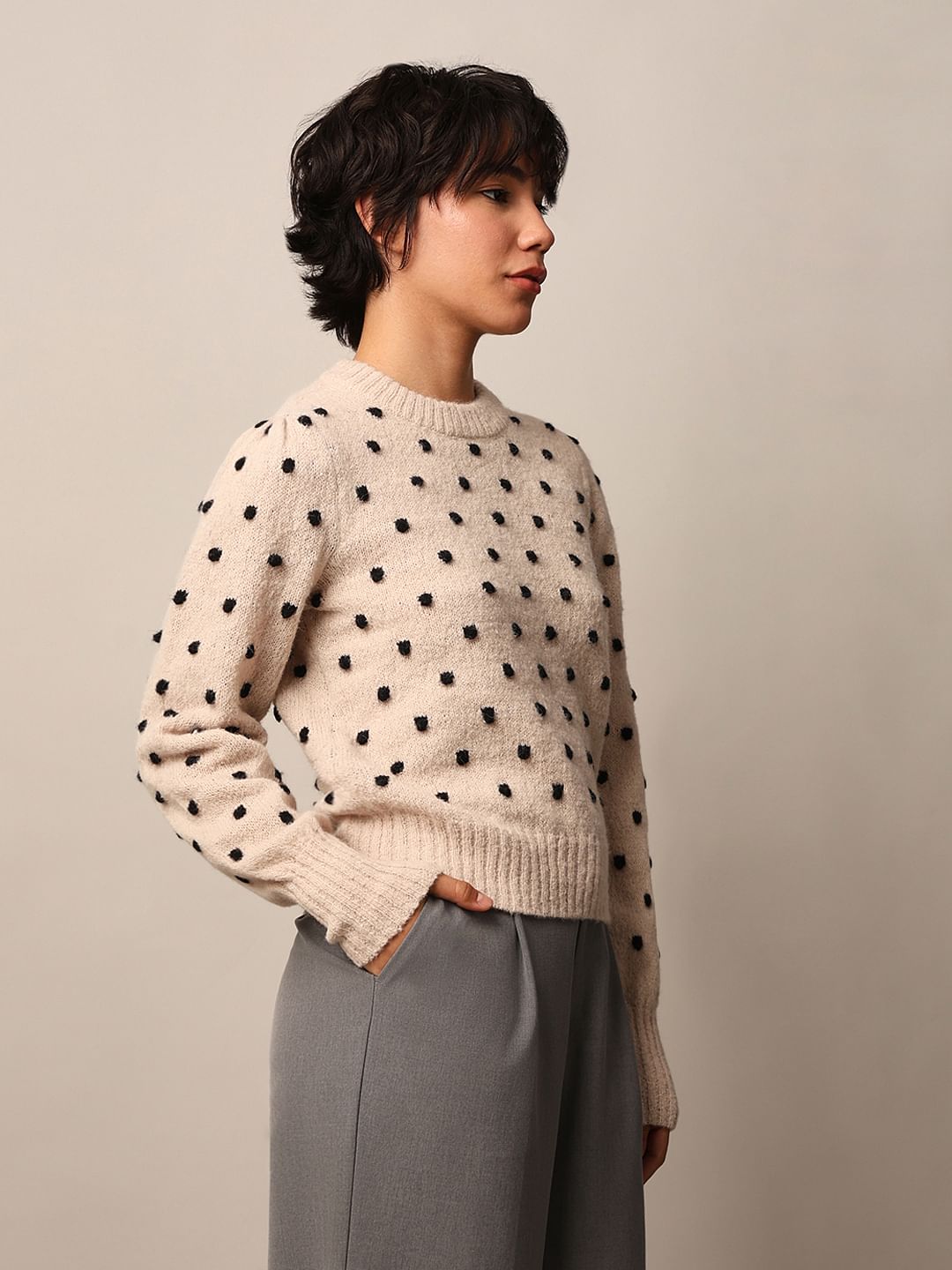 Beige Jacquard Knit Pullover