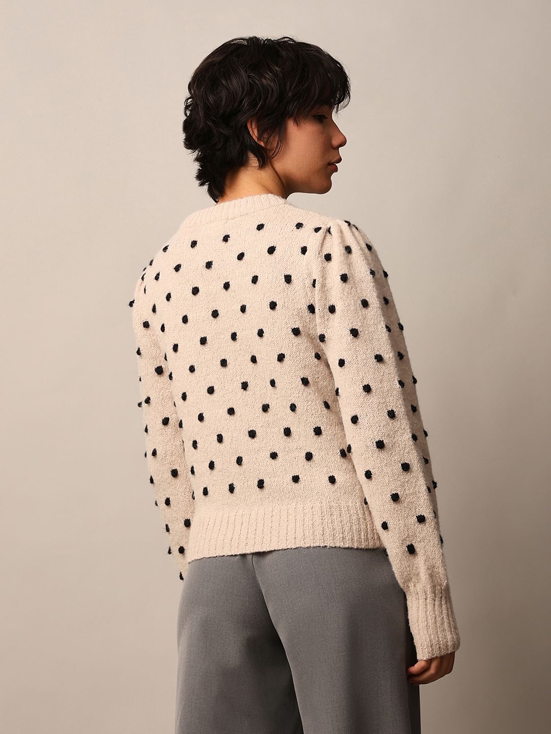 Beige Jacquard Knit Pullover
