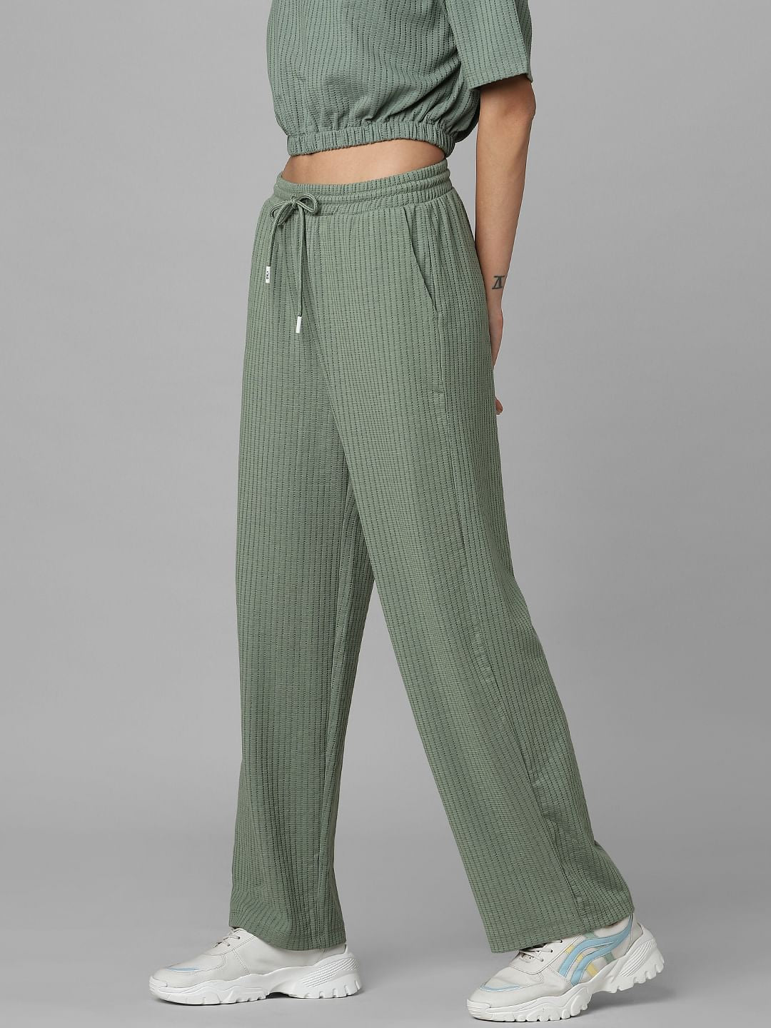 Green High Rise Textured Wide Leg Sweatpants