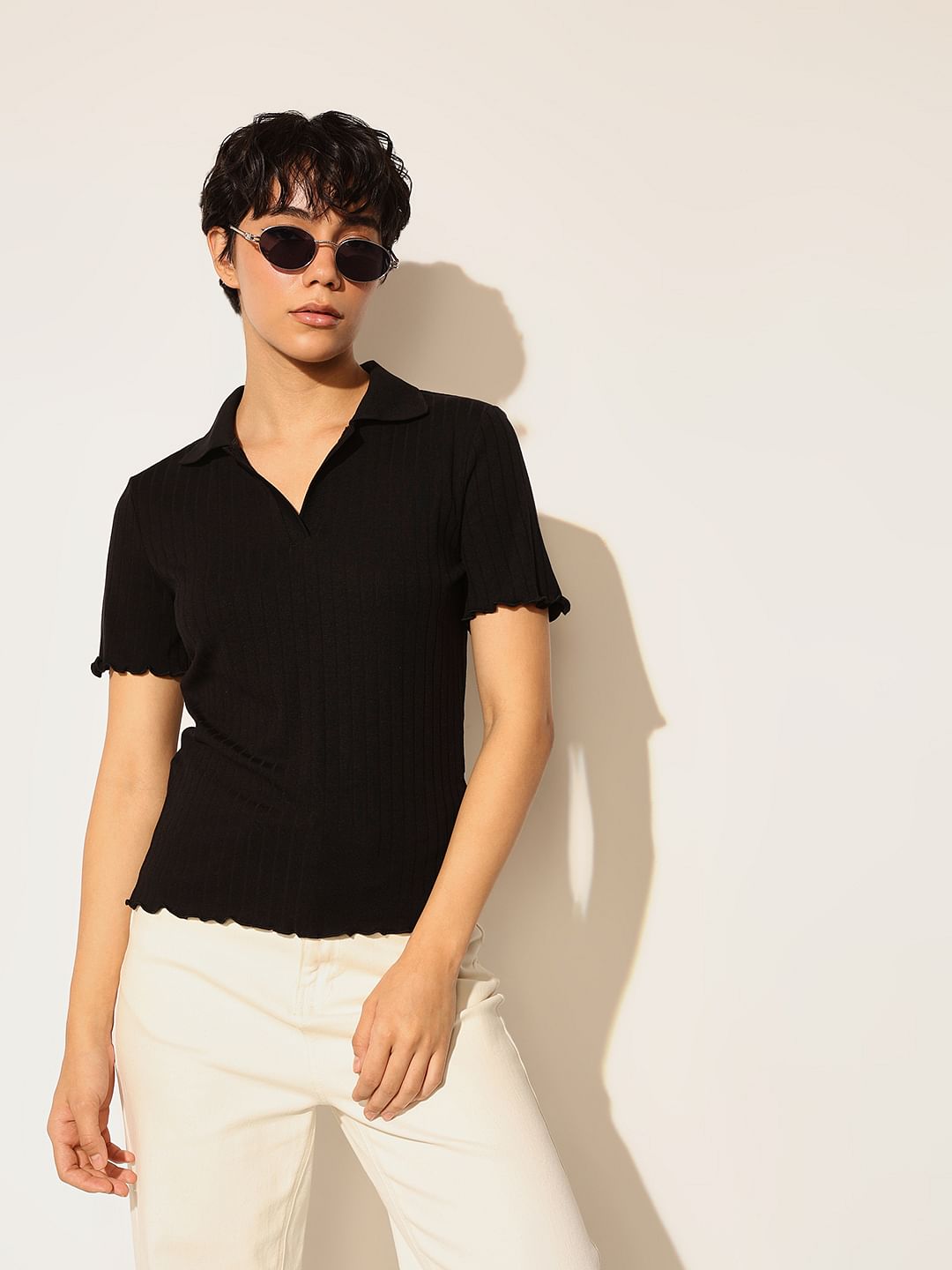 Black Ribbed Polo T-Shirt