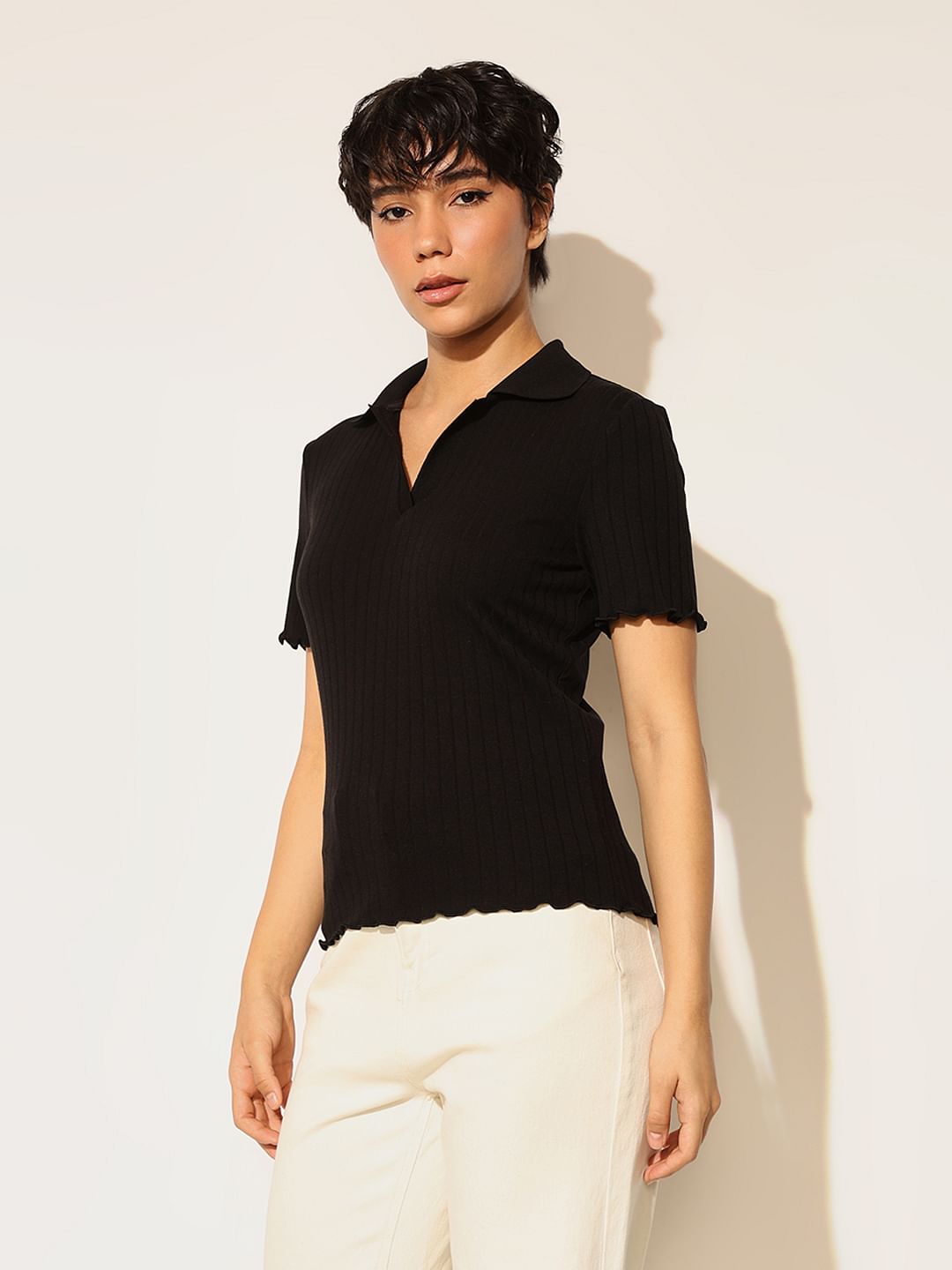 Black Ribbed Polo T-Shirt