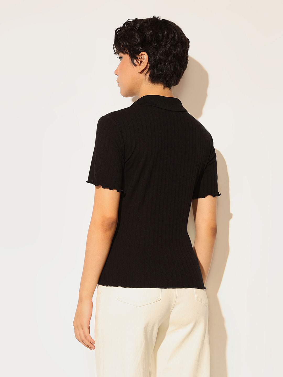 Black Ribbed Polo T-Shirt