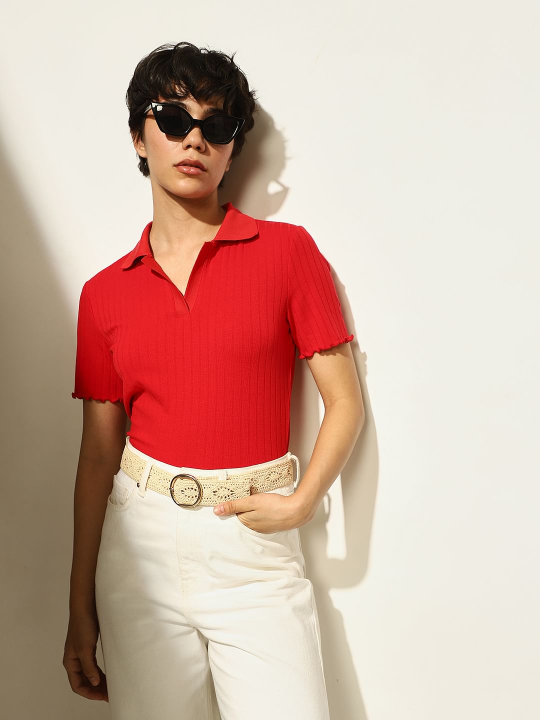 Red Ribbed Polo T-Shirt