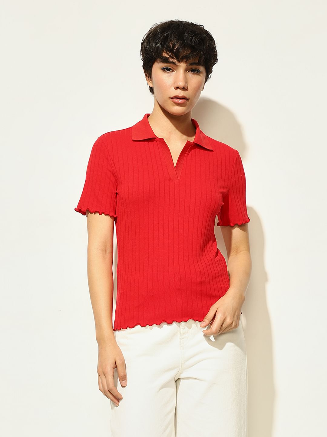 Red Ribbed Polo T-Shirt