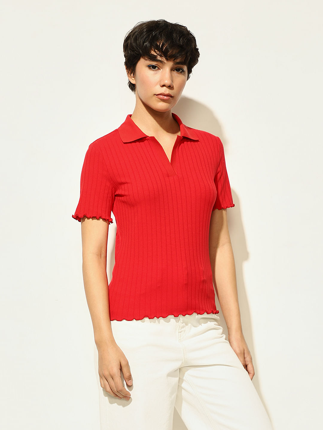 Red Ribbed Polo T-Shirt