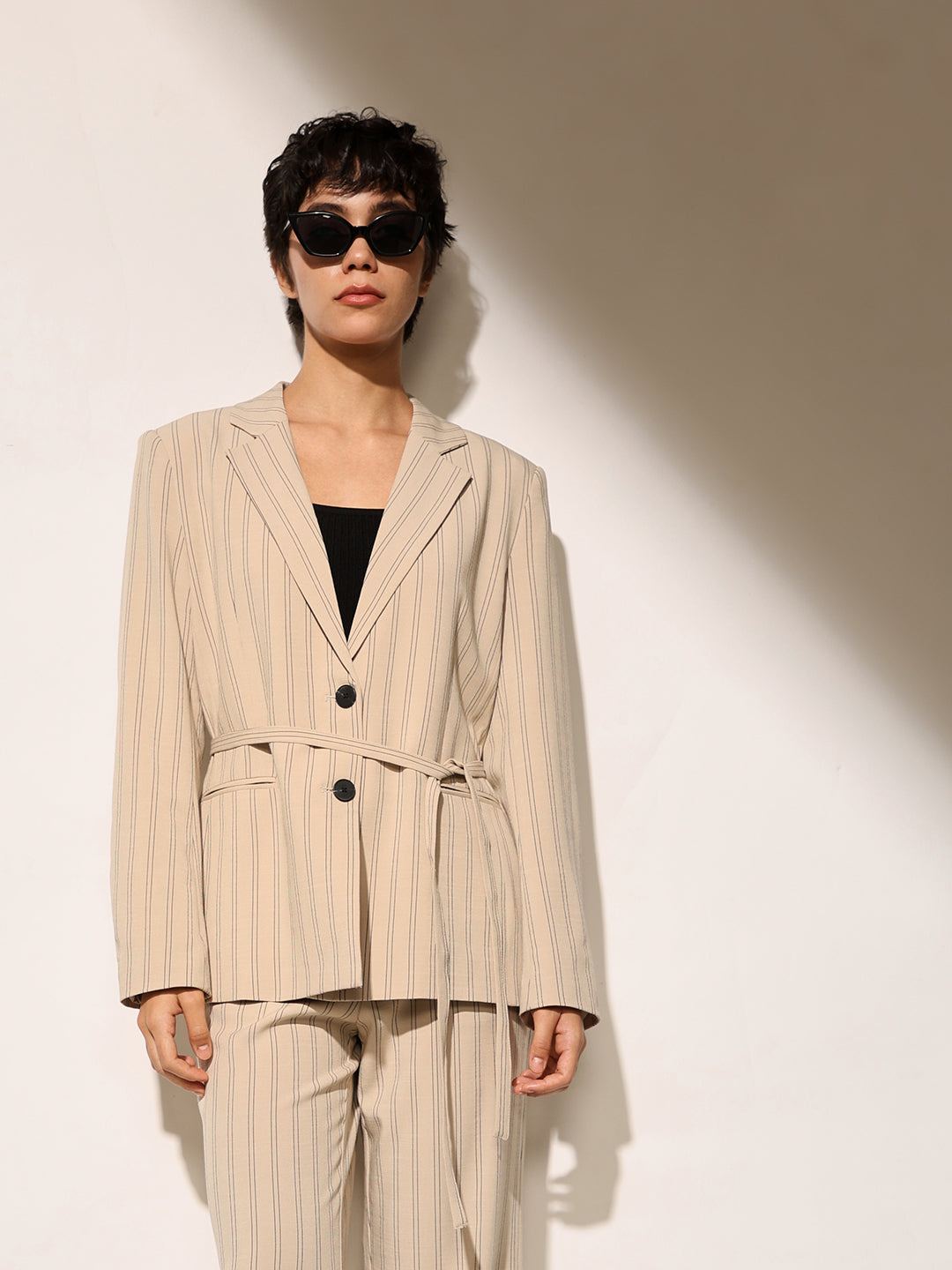 Beige Pinstripe Tailored Blazer
