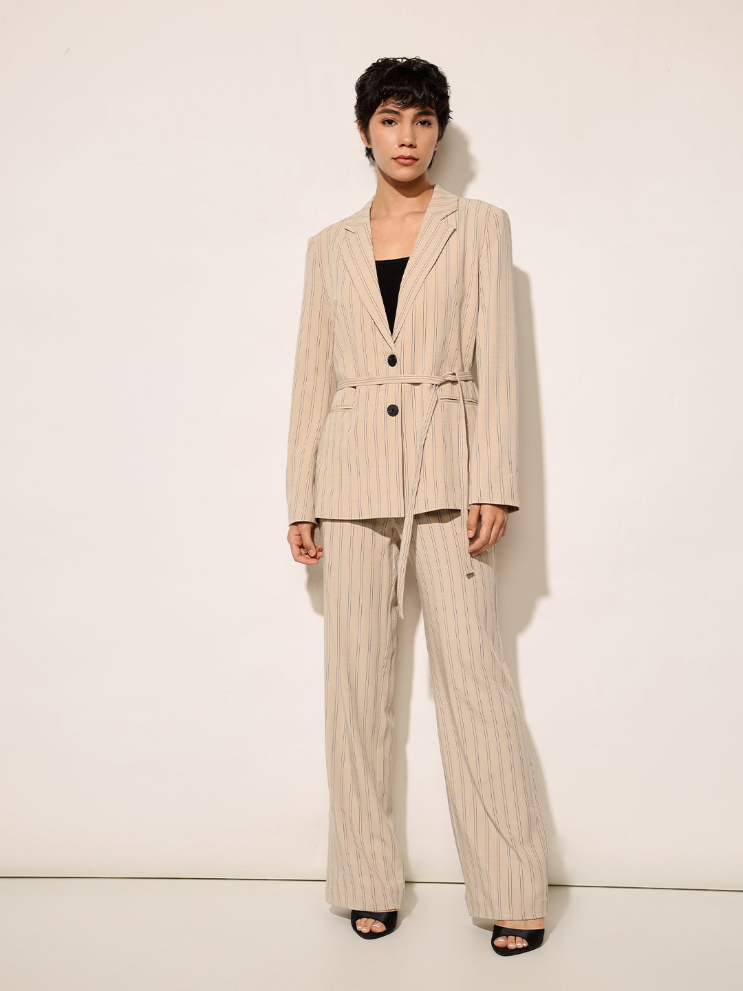 Beige Pinstripe Tailored Blazer