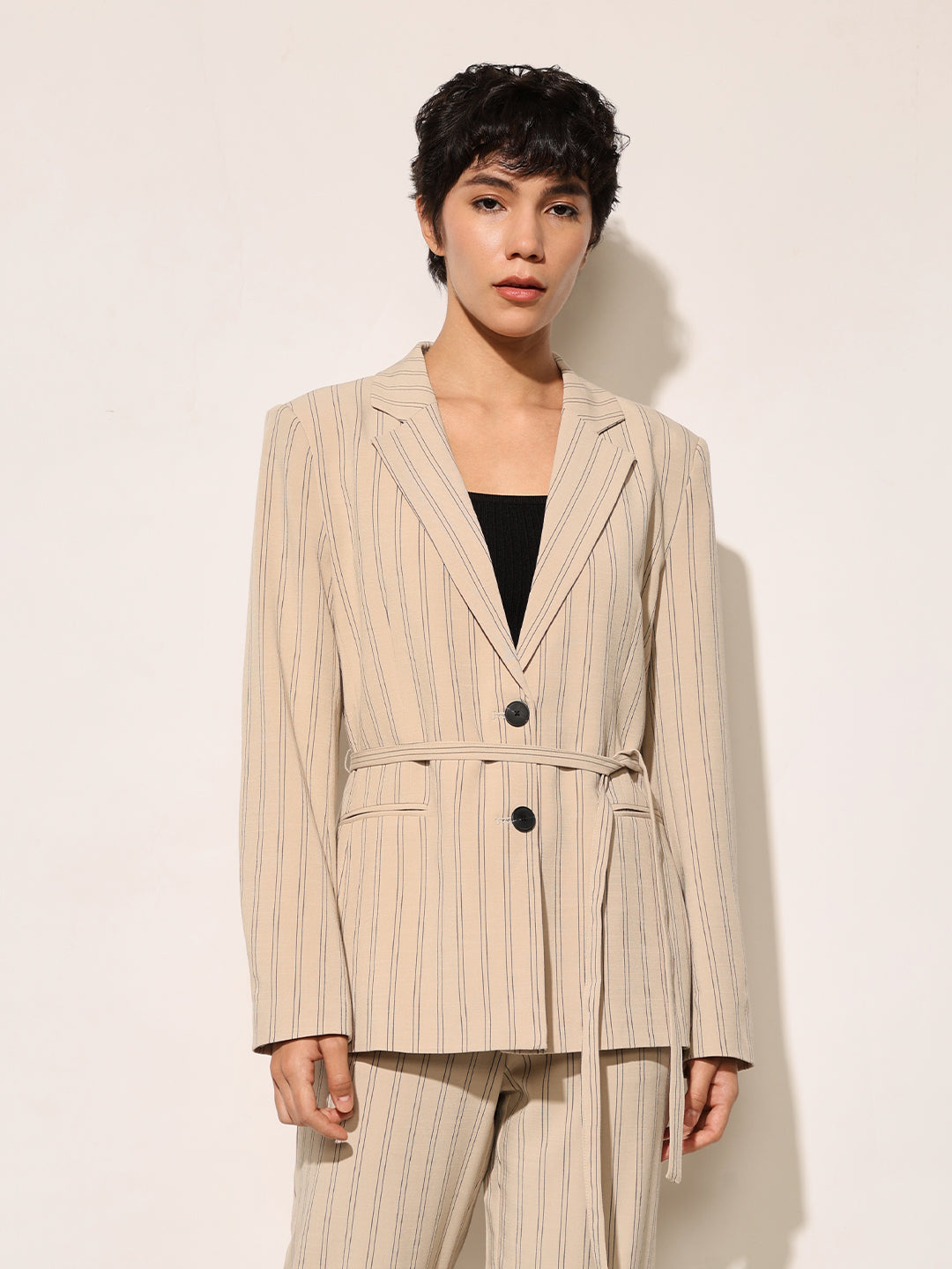Beige Pinstripe Tailored Blazer