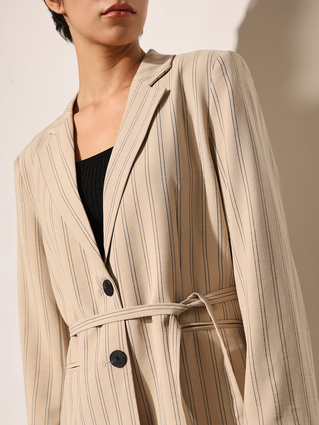 Beige Pinstripe Tailored Blazer