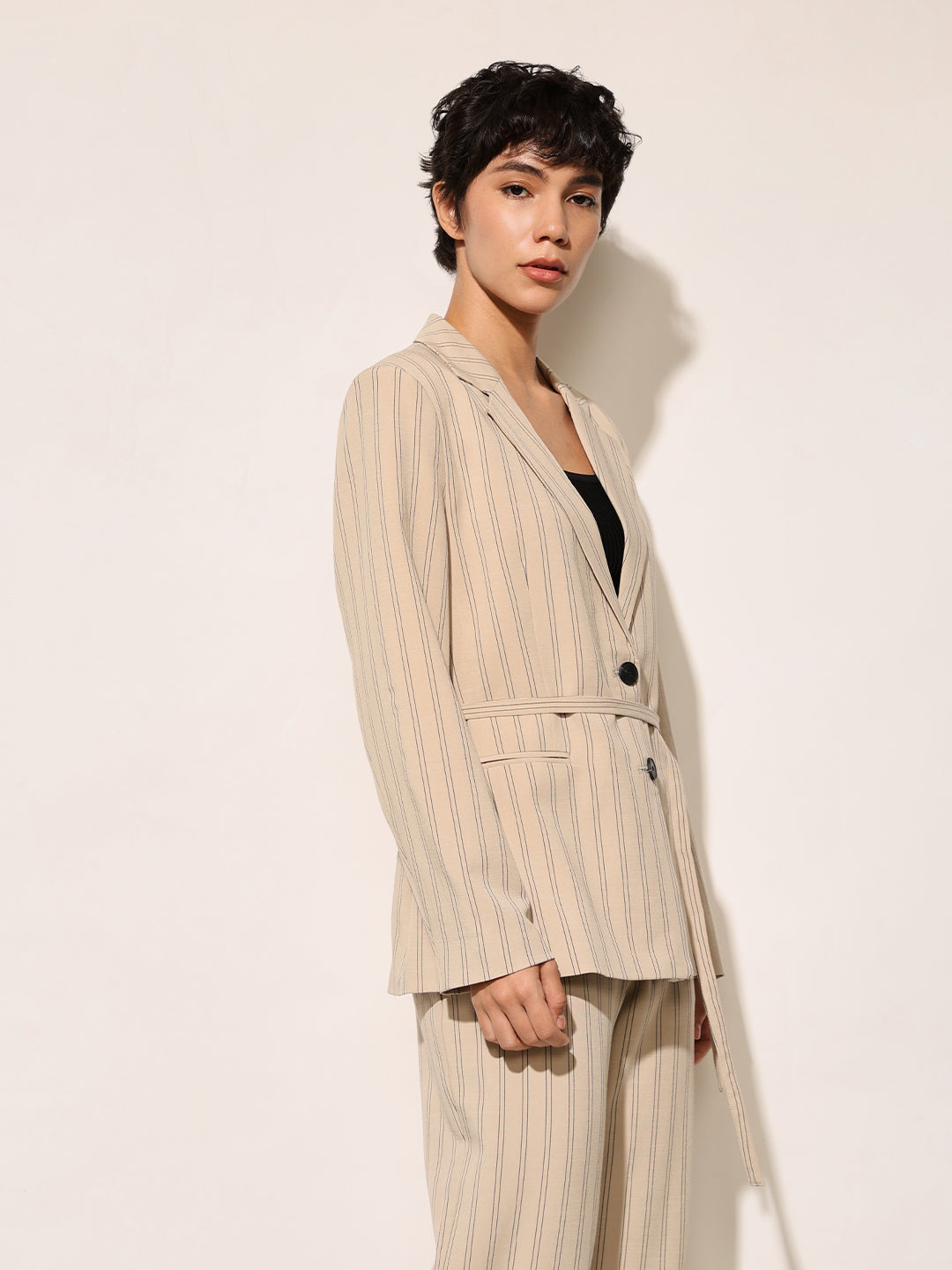 Beige Pinstripe Tailored Blazer